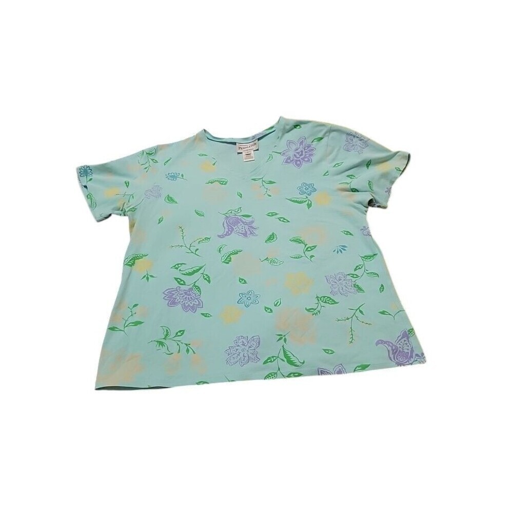 Pendelton Shirt Womens Large Blue Floral Cotton Spandex Short Sleeve Knit C4.1
